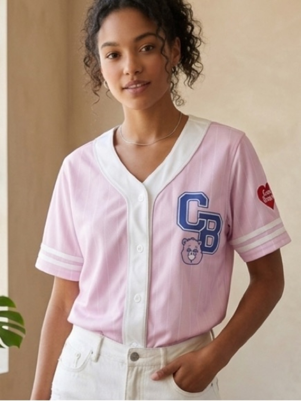 CARE BEARS | Pink Embroidered Button Up Pinstripe Baseball Jersey Size M